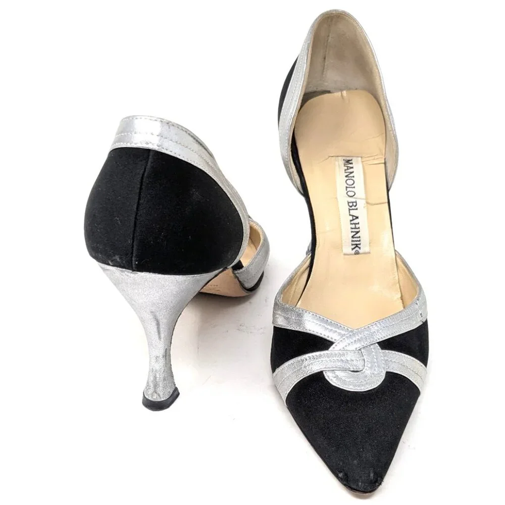 SOLDManolo Blahnik D'Orsay Pumps Black Fabric Silver Heels VTG 80s Sz 36, 6 US - Picture 2 of 16
